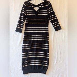 Pink Rose Black and White Striped Long Sleeve Dress